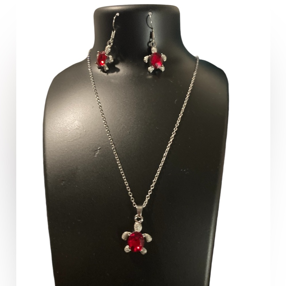 Sea Turtle white gold plated with Vibrant Red Stone jewelry set